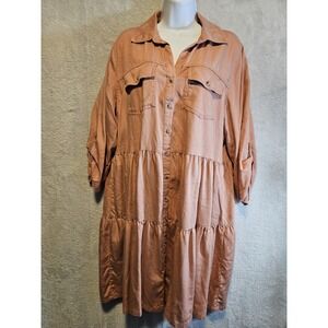 Nurture By Westbound Chambray Dress Front Button XL Pink Tiered Boho Cottage